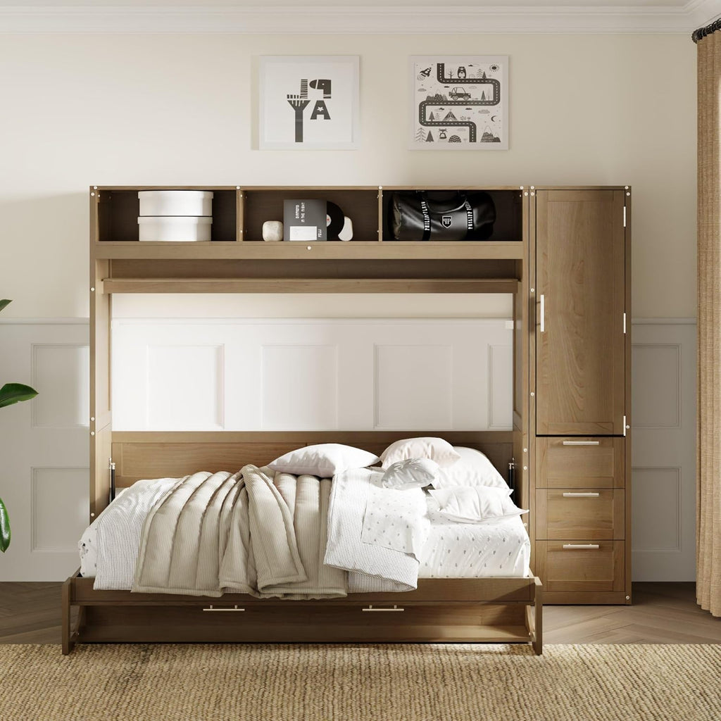 Murphy Bed Frame with Wardrobe and Drawers Space-Saving k7p