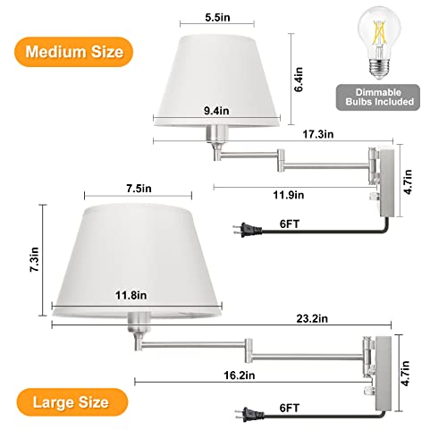 Dimmable Plug-in Wall Sconce Set of Two with Swing Arm and Beige Fabric Shade k7p