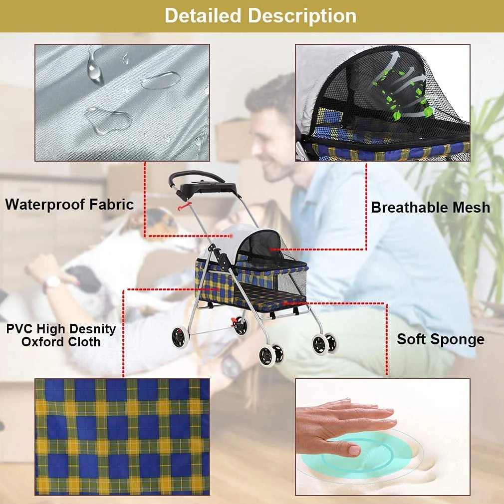 Dog Stroller for Small Dogs Cats Folding Travel Carrier with Cup Holder k7m