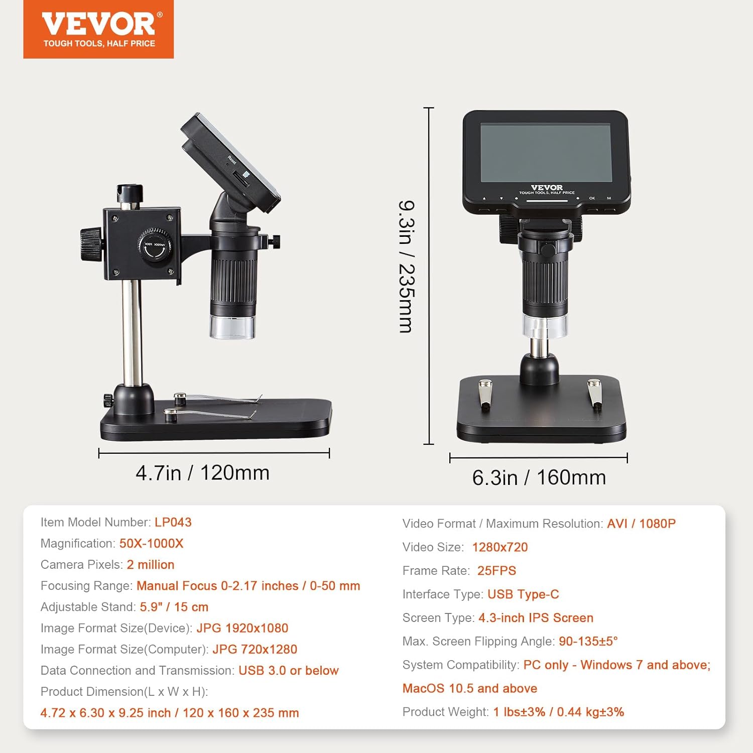 LCD Digital Microscope 4.3 IPS Screen 50X-1000X with 8 LED Lights, PC View, 32GB SD Card k7m