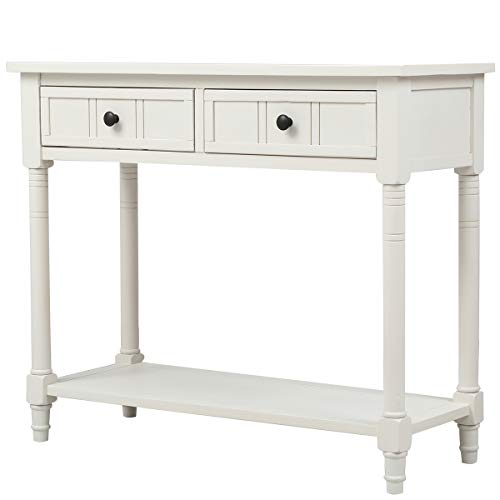 Narrow Console Table with 2 Drawers and Storage Shelf, 35.34" L Retro Sofa Table 2-Tier Wood Entryway Table with Storage for EntryWay, Hallway, Couch, Living Room, Kitchen,Ivory