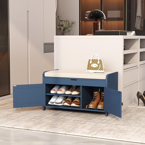 Shoe Storage Bench with Lift Top Cushioned Seat Blue k7