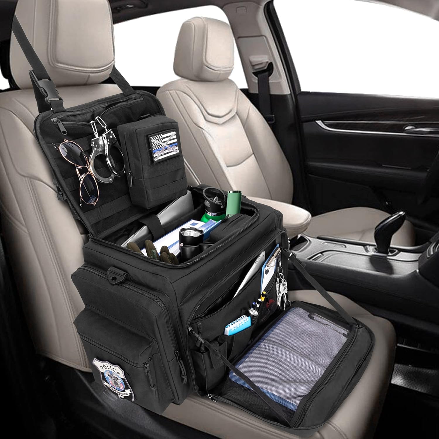 Patrol Bag for Law Enforcement, Car Seat Organizer with Laptop Layer, MOLLE Compatible, Black a7