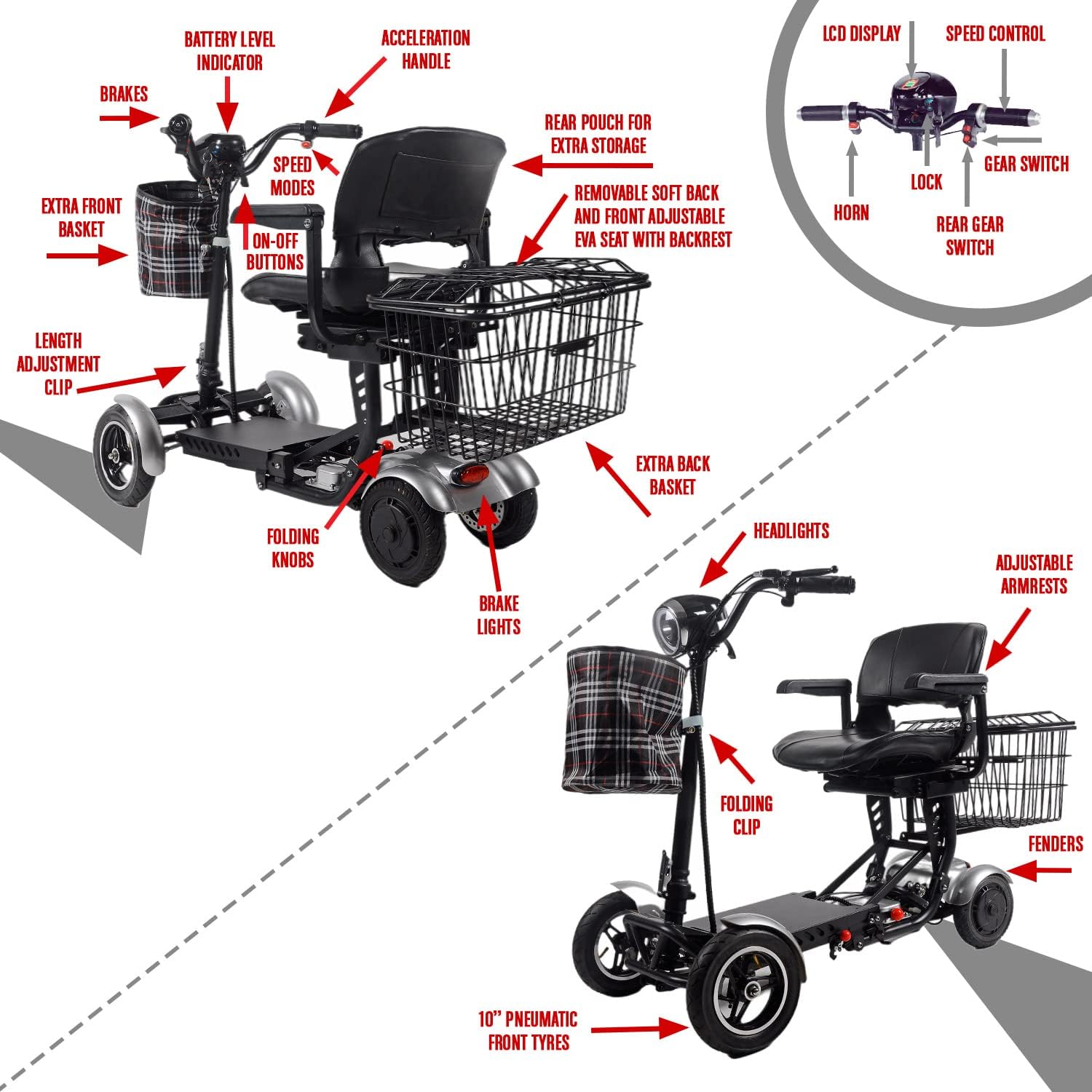 Foldable 4 Wheel Mobility Scooter for Seniors Long Range Battery a7