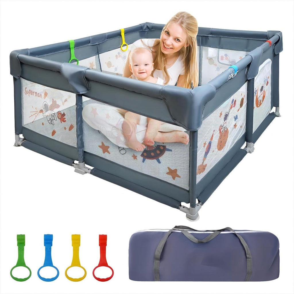 Baby Playpen, 50"x50" large Play Yard for Babies & Toddlers Activity Center with Gate, Indoor & Outdoor, with Anti-Slip Base (Gray)