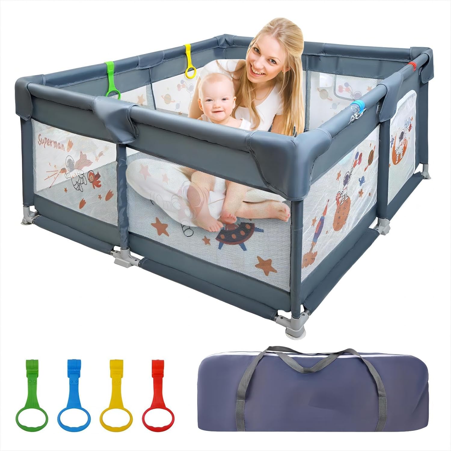 Baby Playpen, 50"x50" large Play Yard for Babies & Toddlers Activity Center with Gate, Indoor & Outdoor, with Anti-Slip Base (Gray)