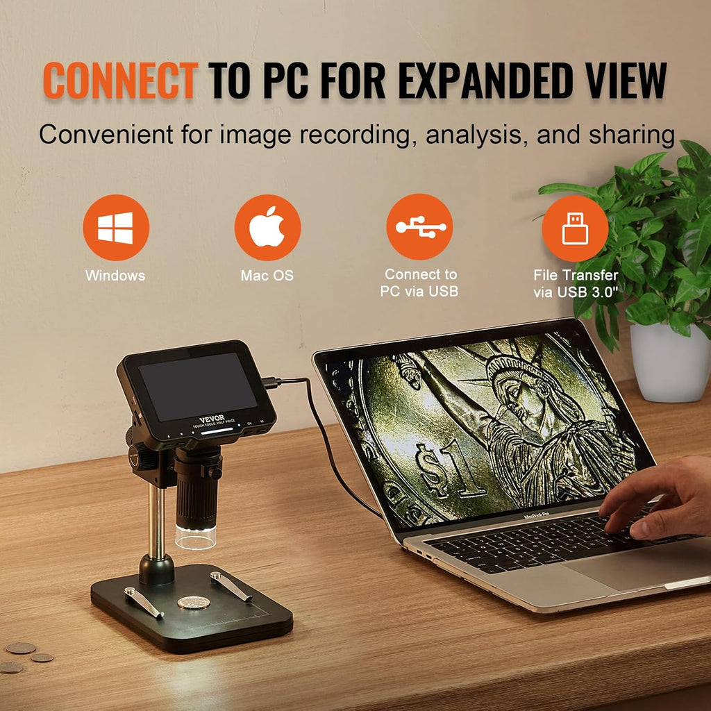 LCD Digital Microscope 4.3 IPS Screen 50X-1000X with 8 LED Lights, PC View, 32GB SD Card k7m