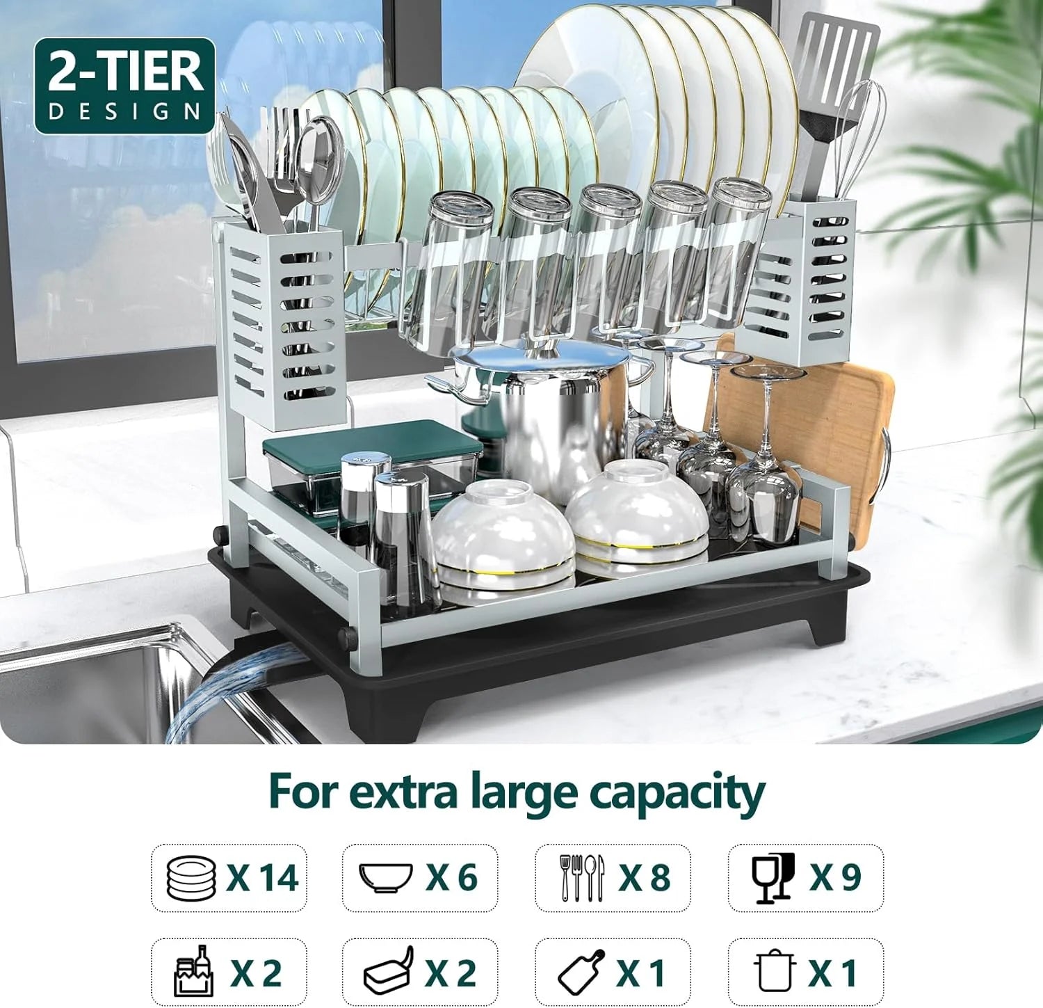 Dish Drying Rack 2 Tier Stainless Steel with Drainboard k7m