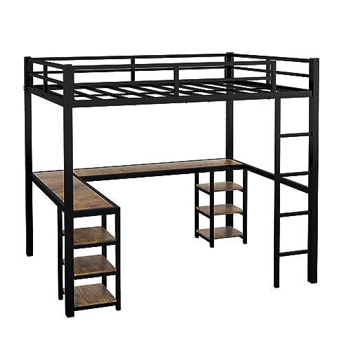 Full Size Loft Bed with Desk and Storage Shelves, Metal Frame a7
