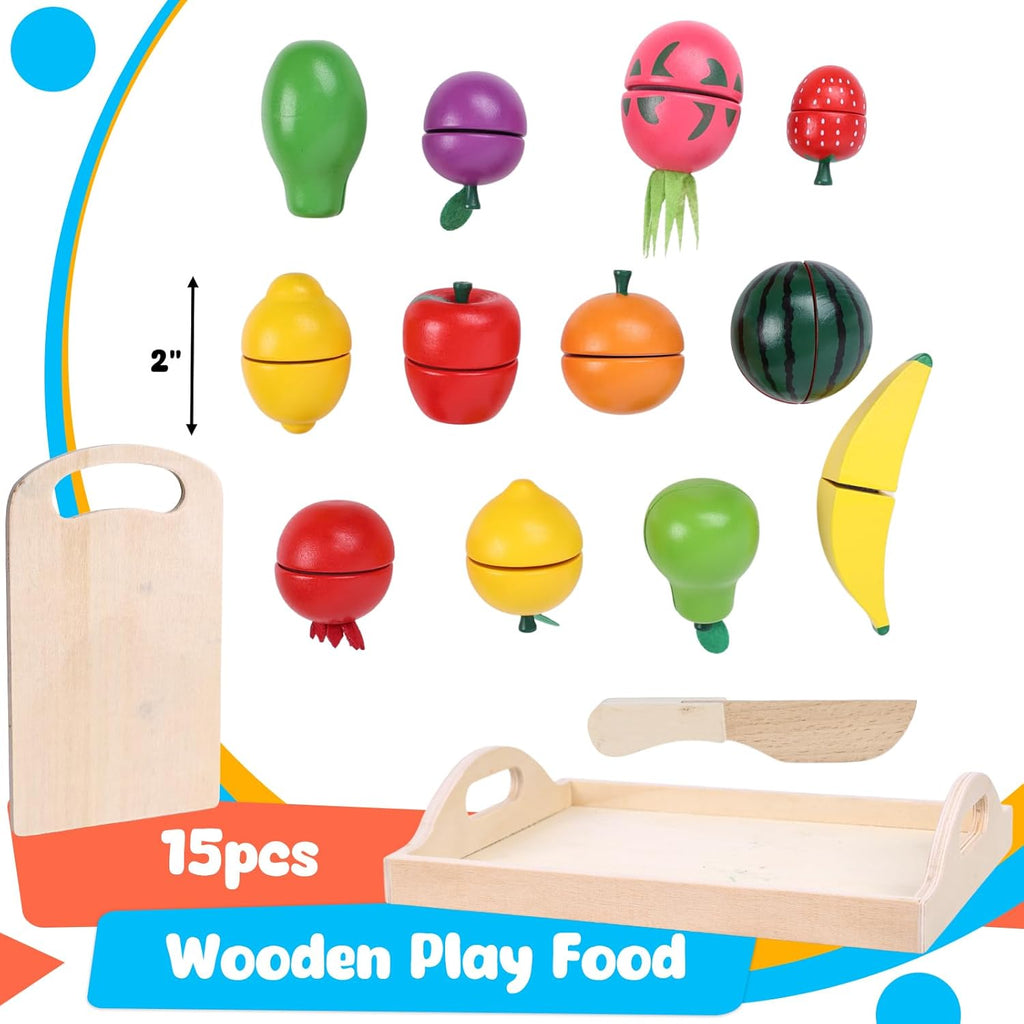 Wooden Play Food Set for Kids Kitchen with Tray a7