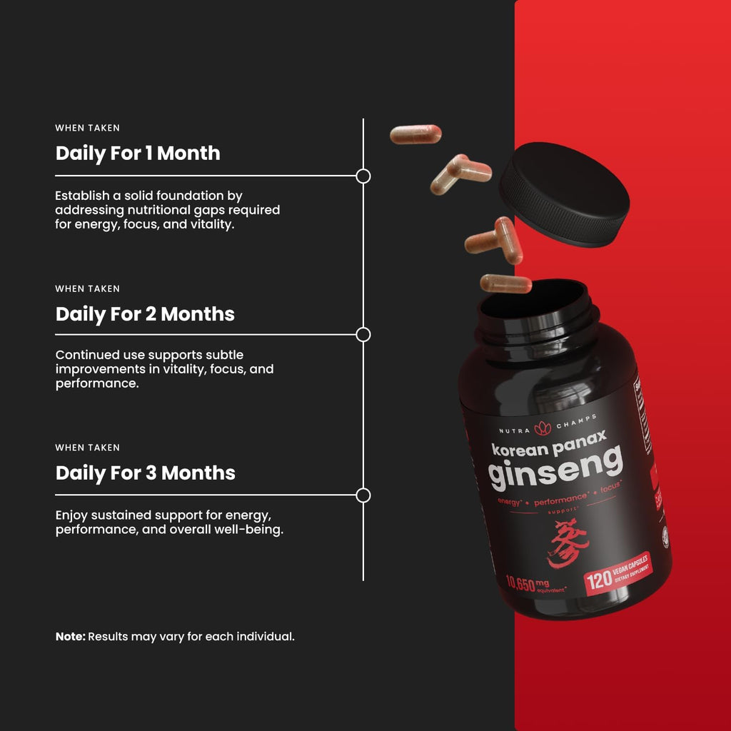 Korean Red Panax Ginseng Capsules Extra Strength Energy Focus Vitality Immune Support Vegan Pills k7