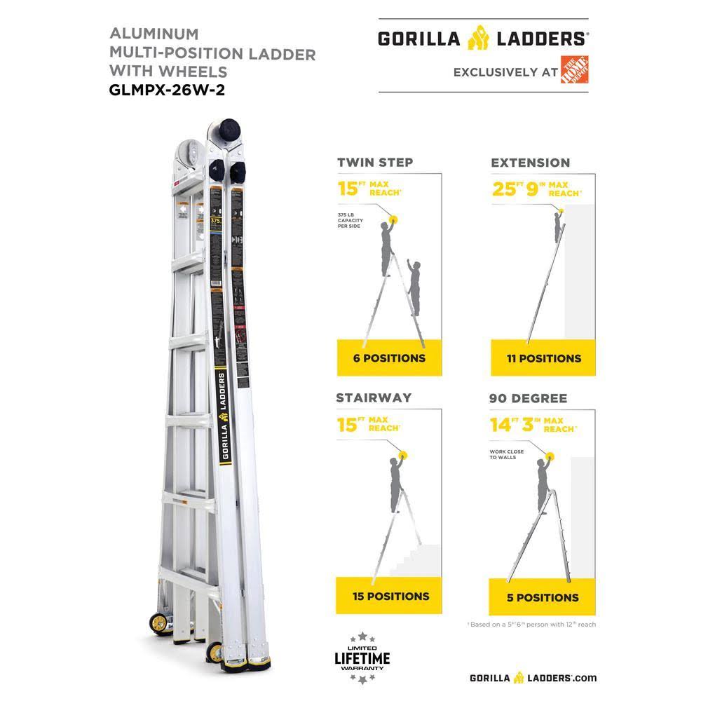 Aluminum Multi-Position Ladder with Wheels 26 ft, 375 lb Load Capacity k7