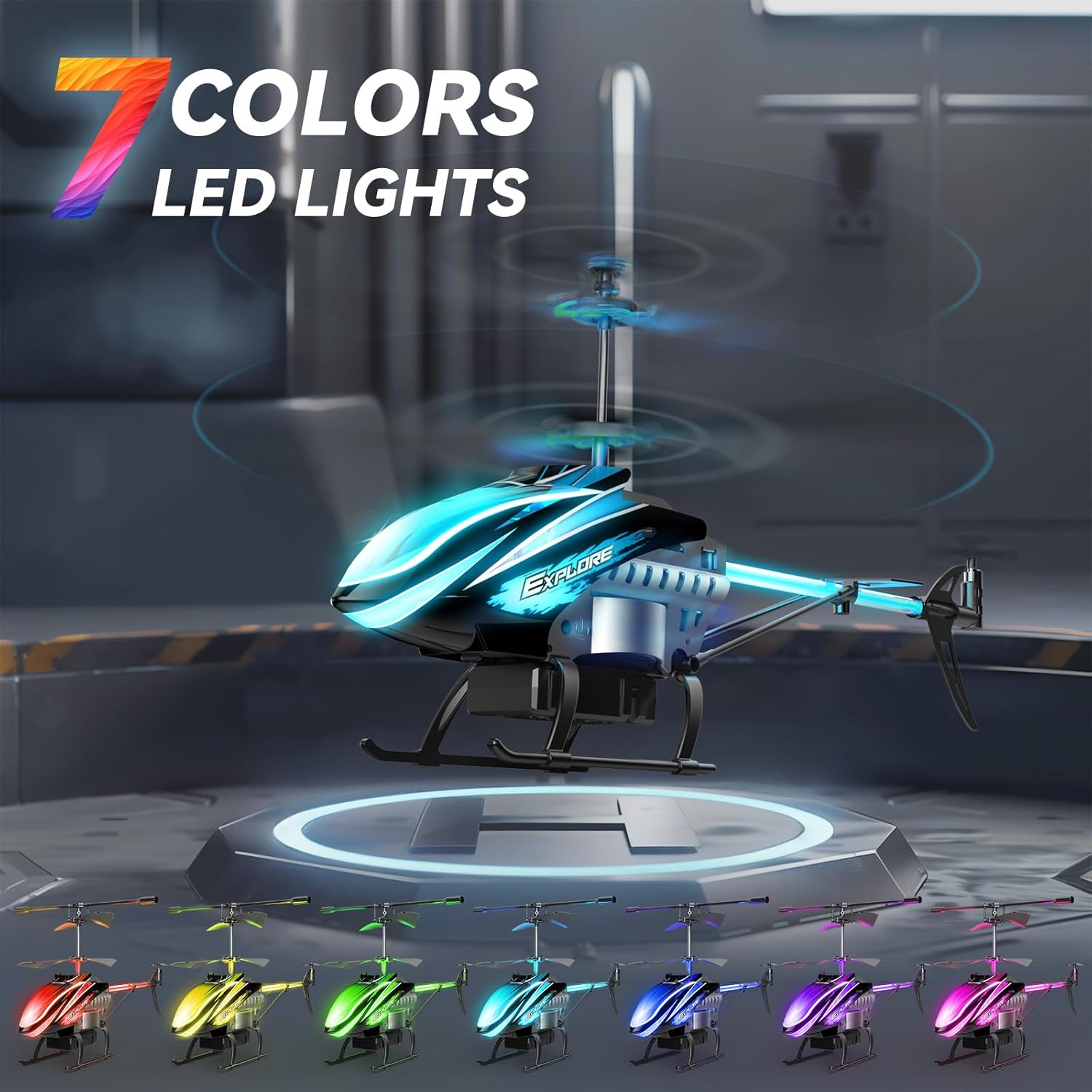 RC Helicopter for Kids Indoor Play 7+ LED Modes 30Mins Flight Gyro Stabilizer Blue k7