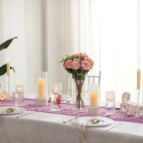 Ribbed Hurricane Candle Holders Set of 6 Cylinder Glass for Pillar Centerpieces d7k