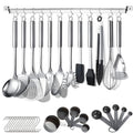 Kitchen Utensils Set 38 Pieces, Stainless Steel Cooking Utensils Set, Kitchen Gadgets Cookware, Kitchen Tool Set with Utensil Holder Rack And Hooks For Hanging Dishwasher Safe