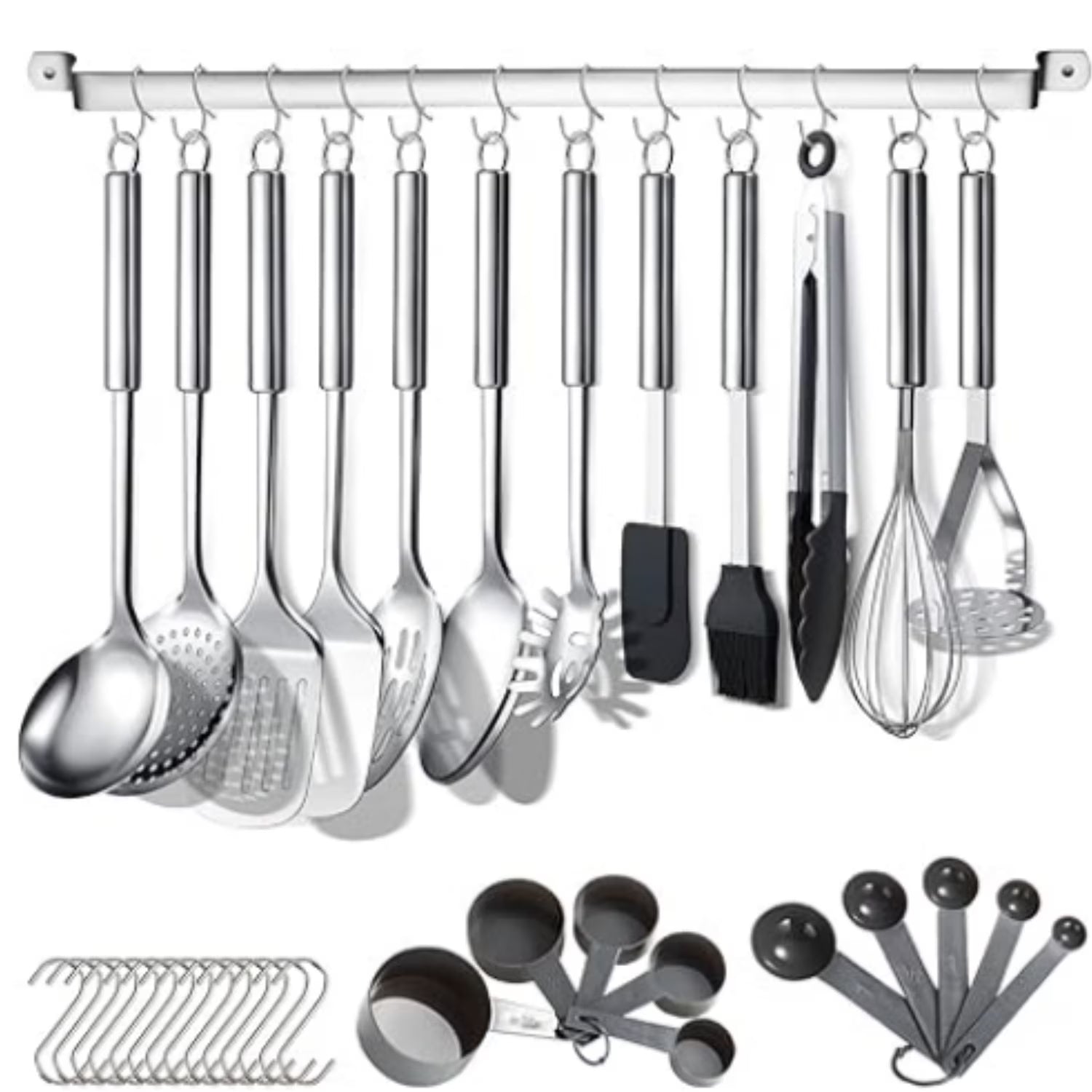 Kitchen Utensils Set 38 Pieces, Stainless Steel Cooking Utensils Set, Kitchen Gadgets Cookware, Kitchen Tool Set with Utensil Holder Rack And Hooks For Hanging Dishwasher Safe