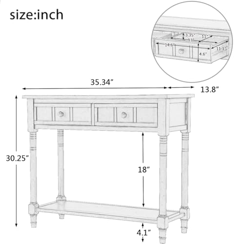 Narrow Console Table with 2 Drawers and Storage Shelf, 35.34" L Retro Wood Entryway Table Ivory k7m