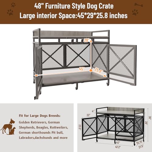 Large Dog Crate Furniture 48 Inch Wooden Kennel Indoor Pet House Grey a7
