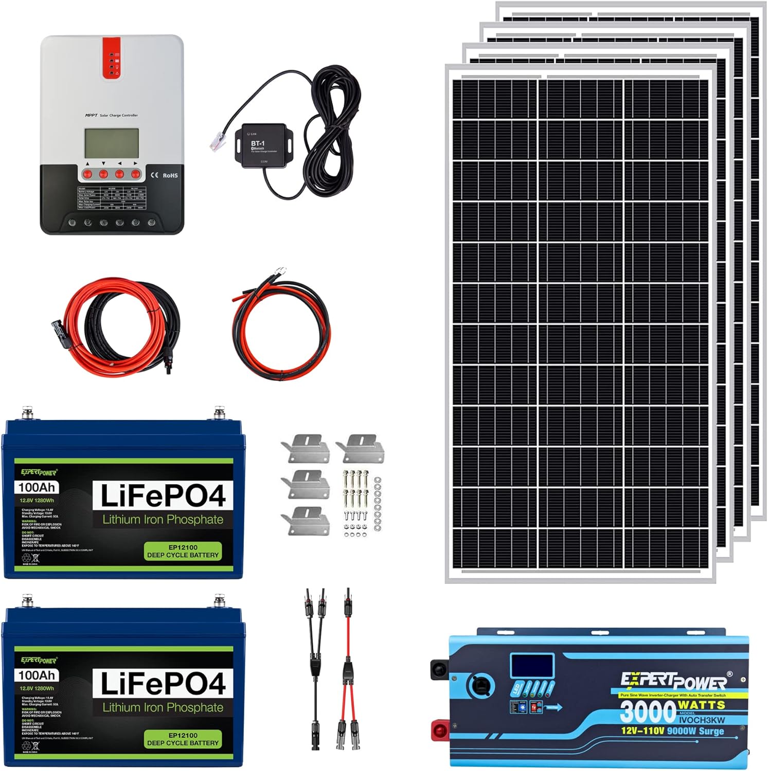 ExpertPower 2.5KWH 12V Solar Power Kit | LiFePO4 12V 100Ah, 400W Mono Solar Panels, 30A MPPT Solar Charge Controller, 3KW Pure Sine Wave Inverter Charger | RV, Trailer, Camper, Marine, Off Grid