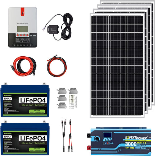 ExpertPower 2.5KWH 12V Solar Power Kit | LiFePO4 12V 100Ah, 400W Mono Solar Panels, 30A MPPT Solar Charge Controller, 3KW Pure Sine Wave Inverter Charger | RV, Trailer, Camper, Marine, Off Grid