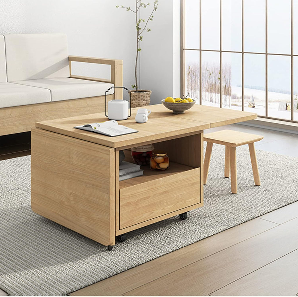 Folding Coffee Table with Drop-Leaf and Rollers, Solid Wood, 1.4m k7
