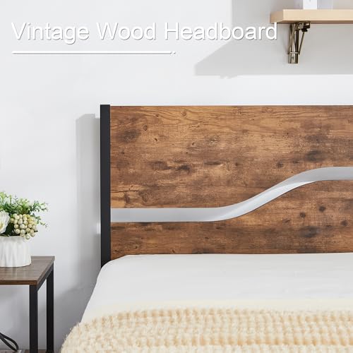 Twin Bed Frame with Wood Storage Headboard and Footboard, Metal Platform, Under Bed Storage, Rustic Brown k7
