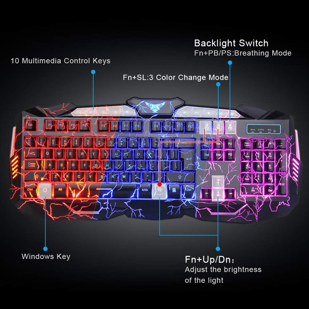 Gaming Keyboard Mouse Headset Combo USB Wired LED Backlit 114 Keys Red Light for PC Laptop k7