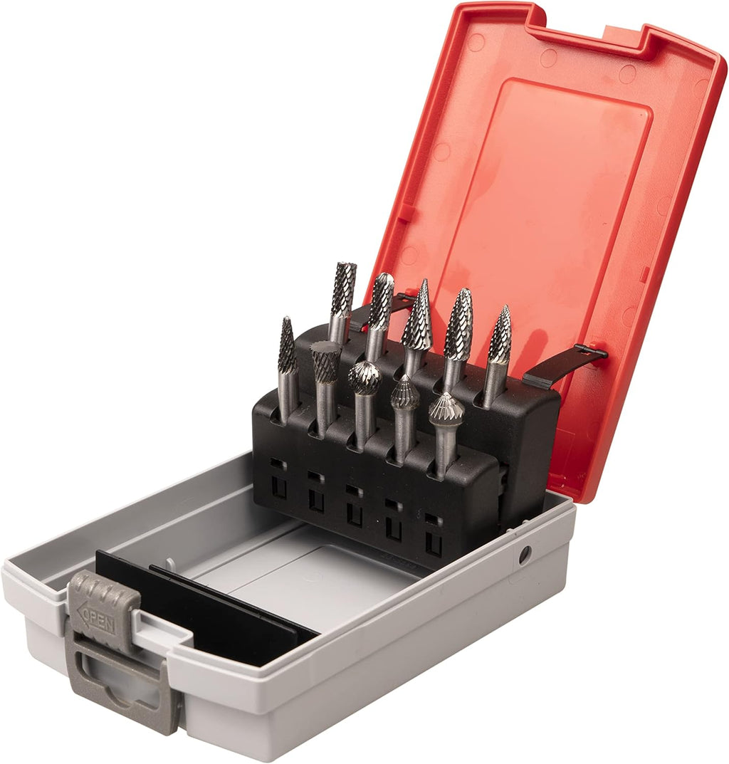 Carbide Cutting Rotary Burrs Set 10PCS, 1/4" Shank Double Cut Die Grinder Bit Tungsten Steel Solid Tool for DIY Wood Stone Carving Working Metal Glass Grinding Engraving Polishing Shaping Drilling