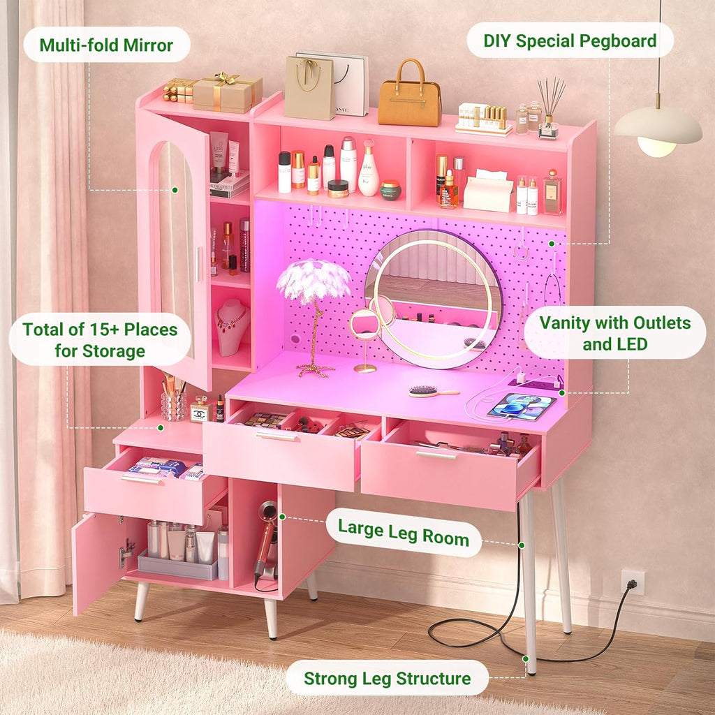 Vanity Desk with Mirror and LED Light, 48 Inch Makeup Vanity with Storage a7