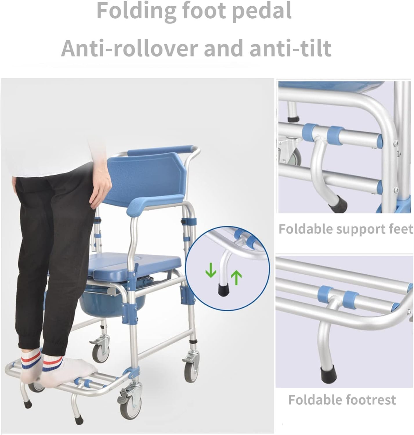 Toilet Chair with Wheels for Bathroom Shower Commode, Liftable Armrests, Easy Assembly for Elderly Disabled a7