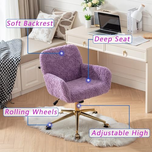 Vanity Chair with Wheels Faux Fur Swivel Adjustable Height Pink k7