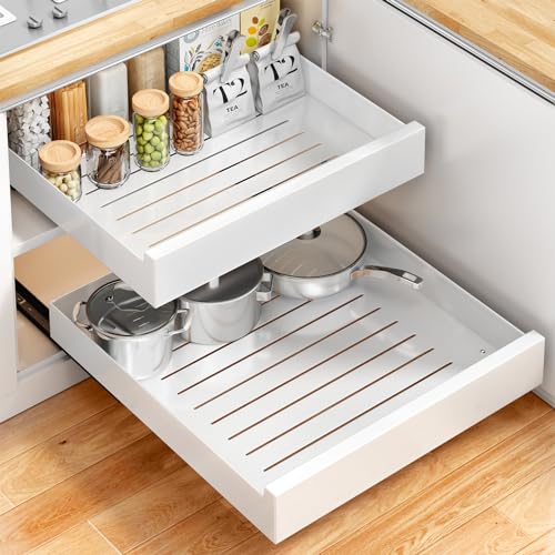 Pull out Cabinet Organizer,Expandable(11.7"-19.7") Slide out Drawer Fixed with Adhesive Film for Pot and Pan, Adjustable Sliding Peel and Stick Under Sink Storage Shelf Pantry Home Kitchen, No Screw