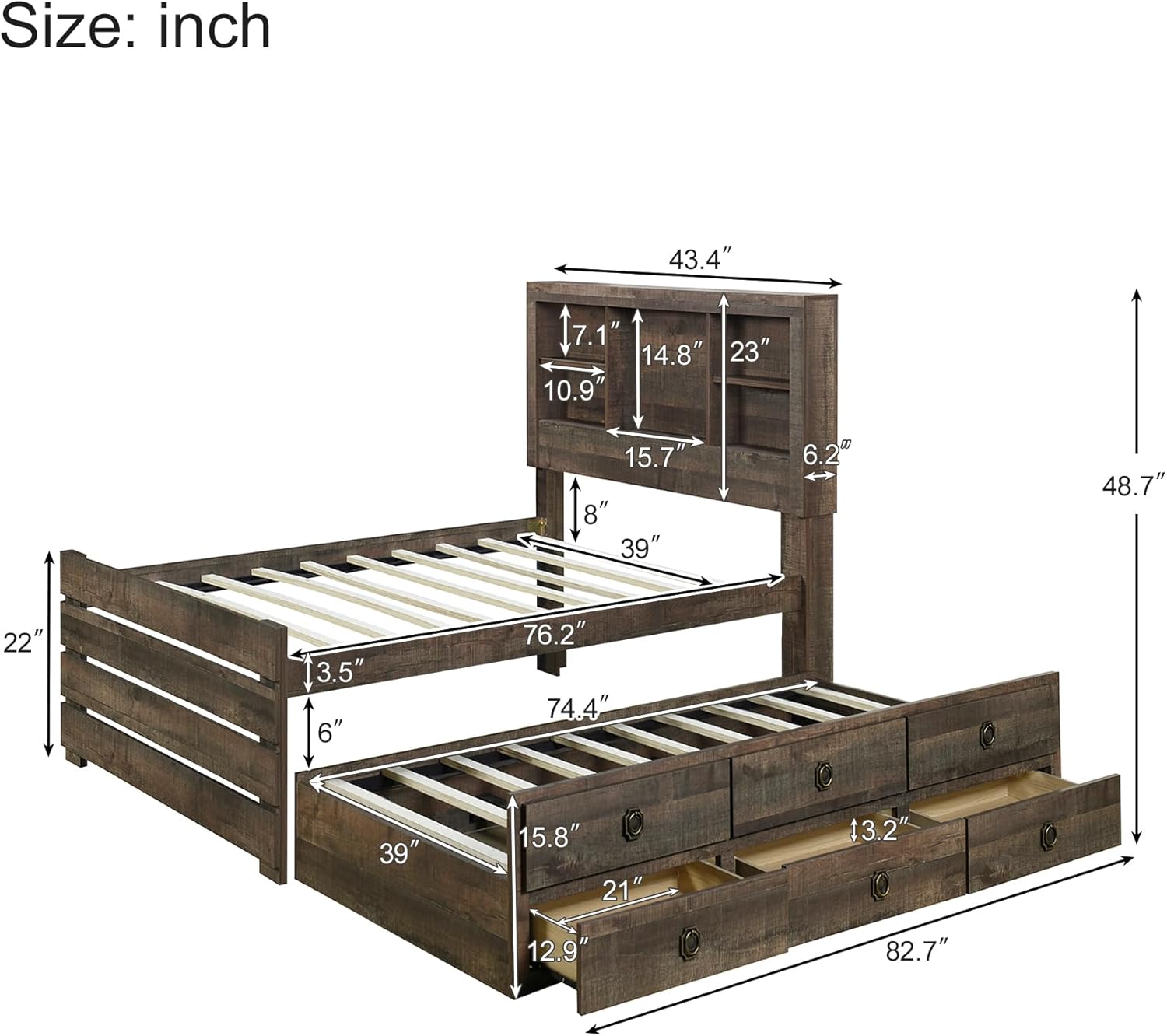 Twin Bookcase Captain Bed with Drawers and Trundle Rustic Brown k7m