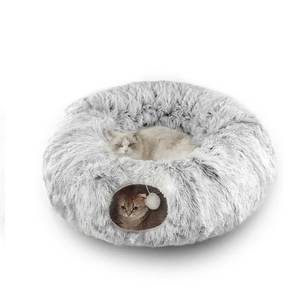 Cat Tunnel with Cat Bed for Indoor Plush Peekaboo Cave Grey k7