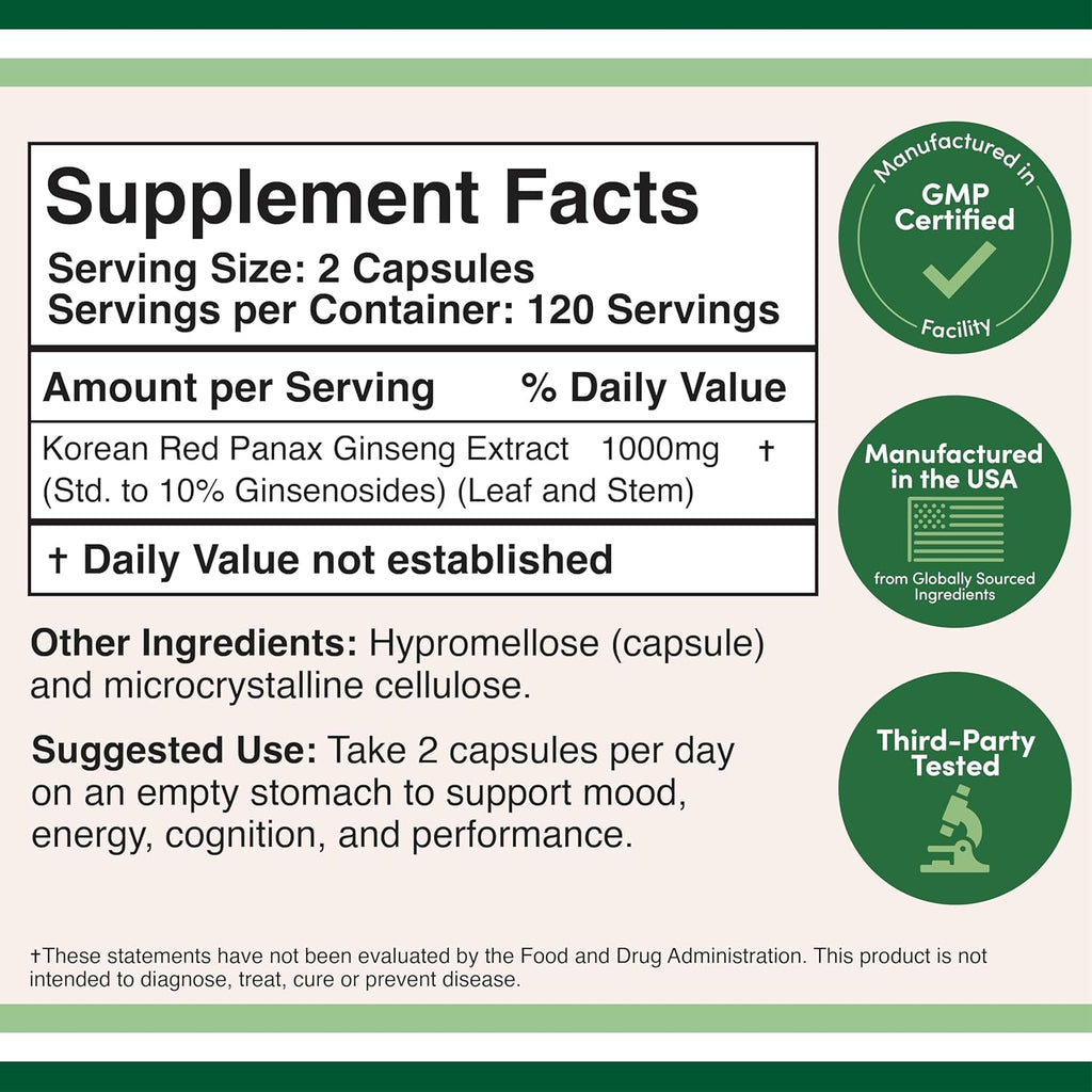 Ginseng Capsules 240 Vegan Capsules 1000mg per Serving k7