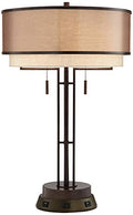 Franklin Iron Works Andes Rustic Industrial Table Lamp with USB and AC Power Outlet Workstation Charging Base 26" High Oil Rubbed Bronze Stacked Double Shade for Living Room Bedroom House Bedside
