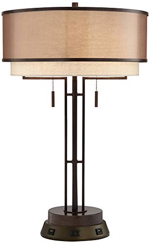 Franklin Iron Works Andes Rustic Industrial Table Lamp with USB and AC Power Outlet Workstation Charging Base 26" High Oil Rubbed Bronze Stacked Double Shade for Living Room Bedroom House Bedside