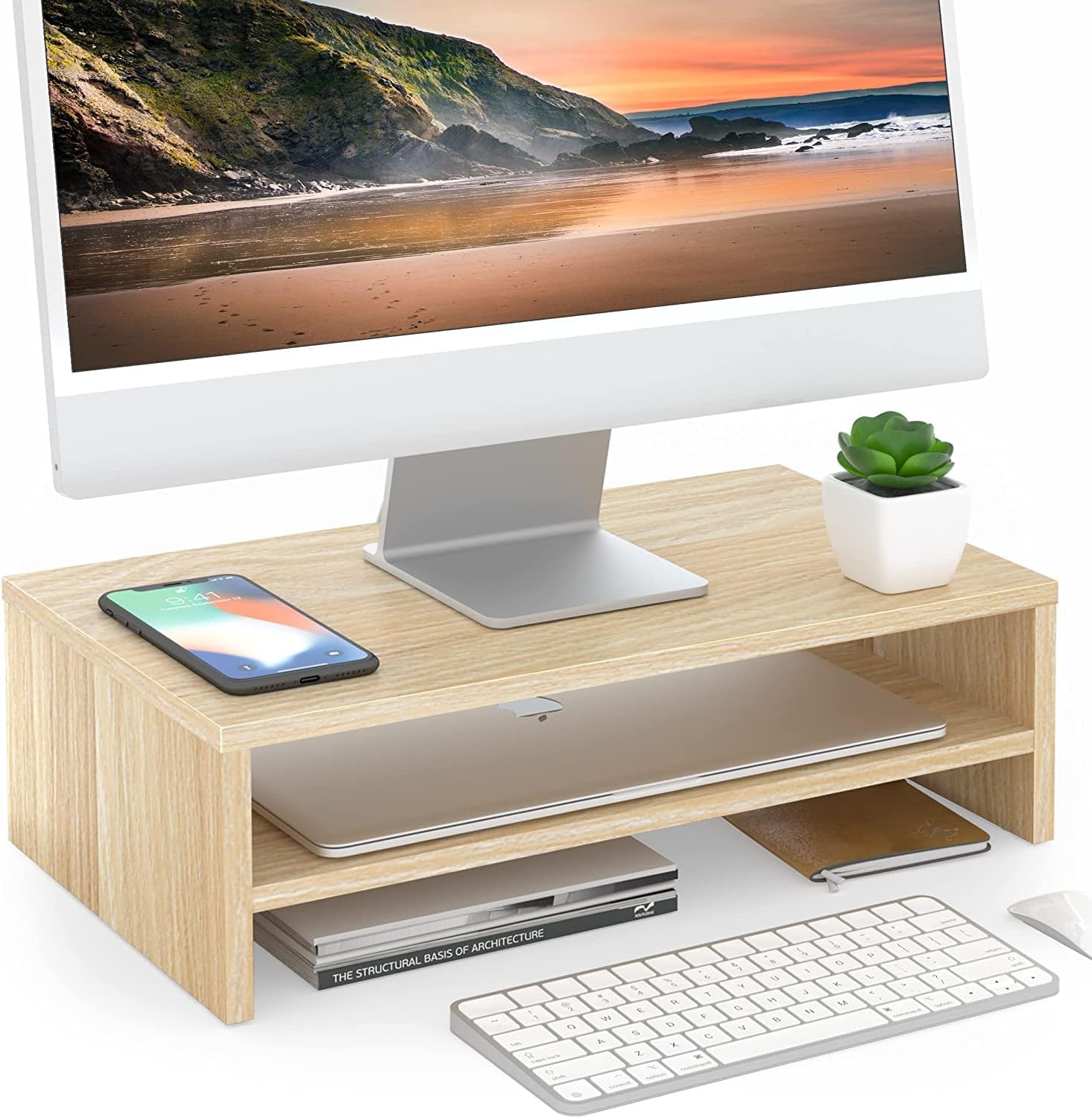 Monitor Stand with Paper Sorter Organizer, Light Wood k7m
