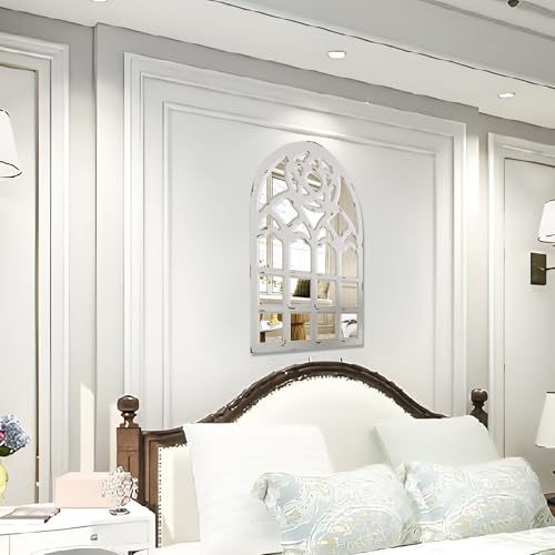 Arched Window Mirror Wood Framed Retro Farmhouse Decor White 23.6x38x1.2 k7