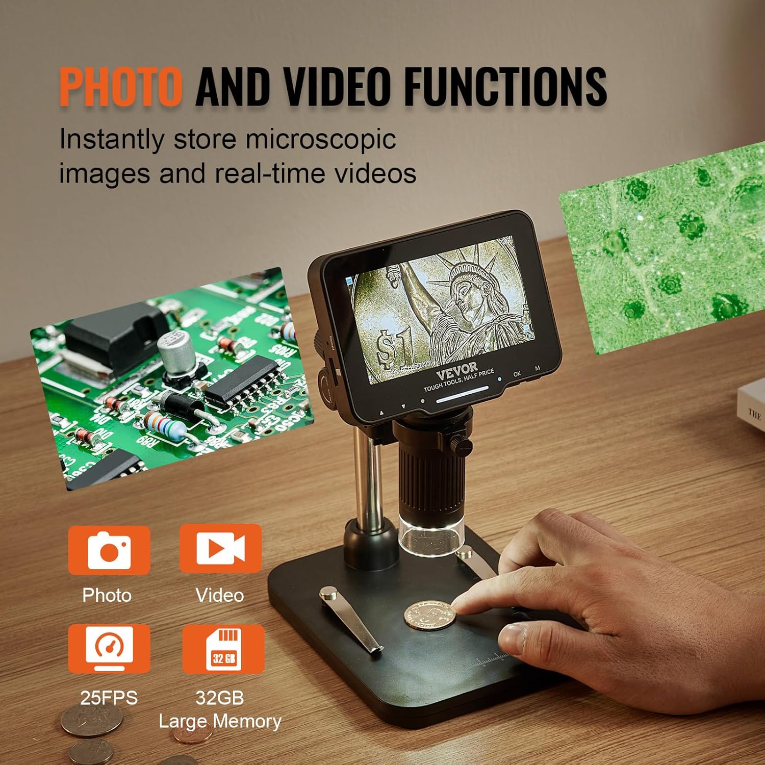 LCD Digital Microscope 4.3 IPS Screen 50X-1000X with 8 LED Lights, PC View, 32GB SD Card k7m