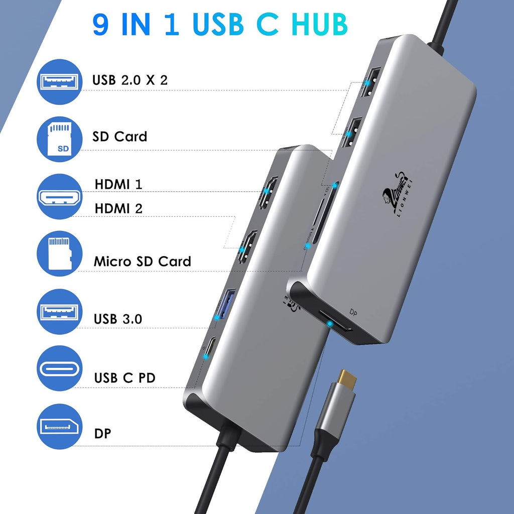 USB C Docking Station Dual HDMI Adapter DisplayPort 87W PD3a