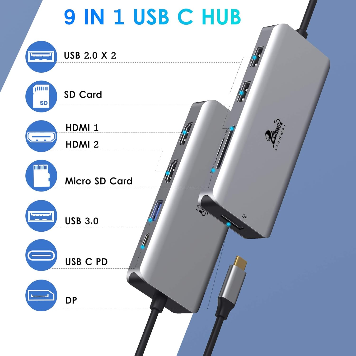 USB C Docking Station Dual HDMI Adapter DisplayPort 87W PD3a