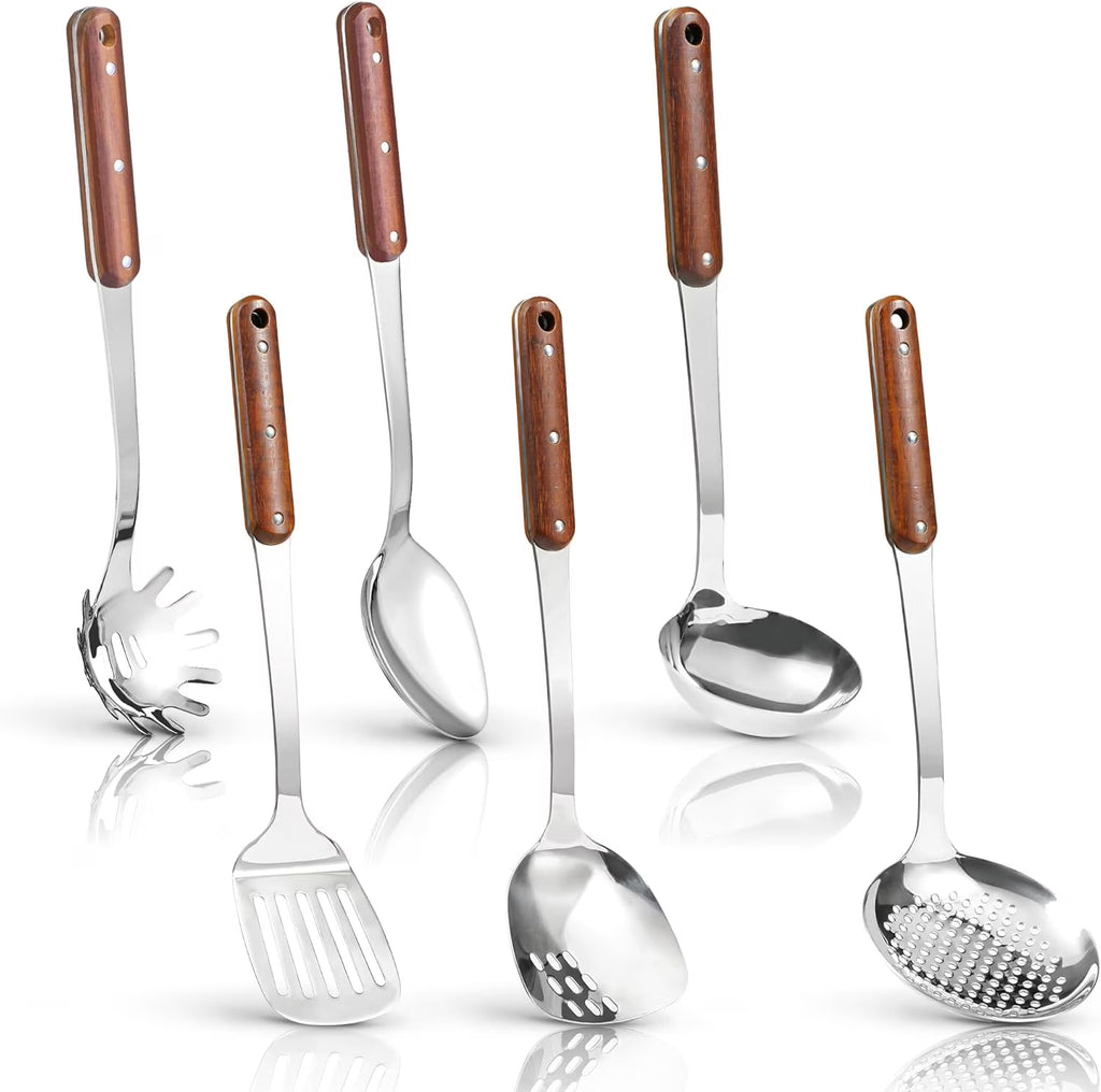 Stainless Steel Cooking Utensils Set, Mirror Polished 6 Pieces Kitchen Utensils Set, Kitchen Tools Set With Wooden Handle Non-Stick Heat Resistant,Dishwasher Safe, Easy to Clean
