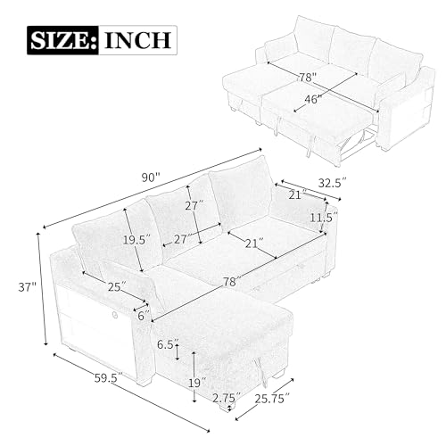 Pull Out Sleeper Sofa L-Shaped Convertible with Storage Chaise a7