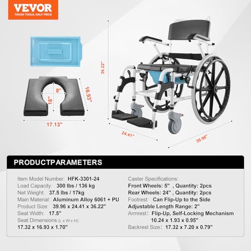 Shower Wheelchair 17.5in Aluminum Adjustable Rolling Chair with Brake a7