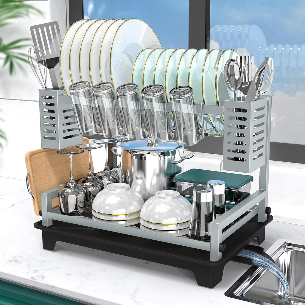 Dish Drying Rack: 2 Tier Dish Racks for Kitchen Counter and Sink - Large Dish Drying Rack with Drainboard &amp; Utensil Holders - Stainless Steel Dish Drainers Kitchen Organization and Storage