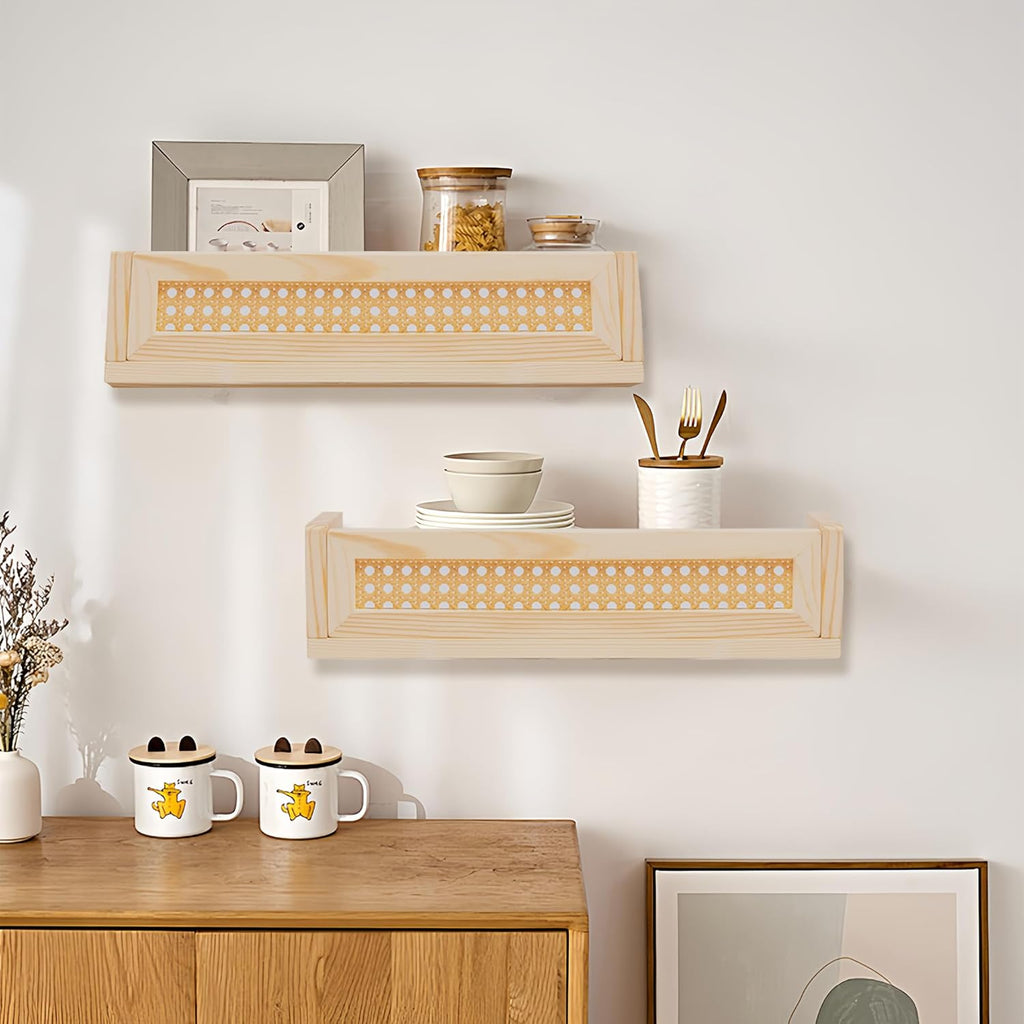 Rattan Wall Shelf Set of 3, Boho Hanging Bookshelves for Nursery a7