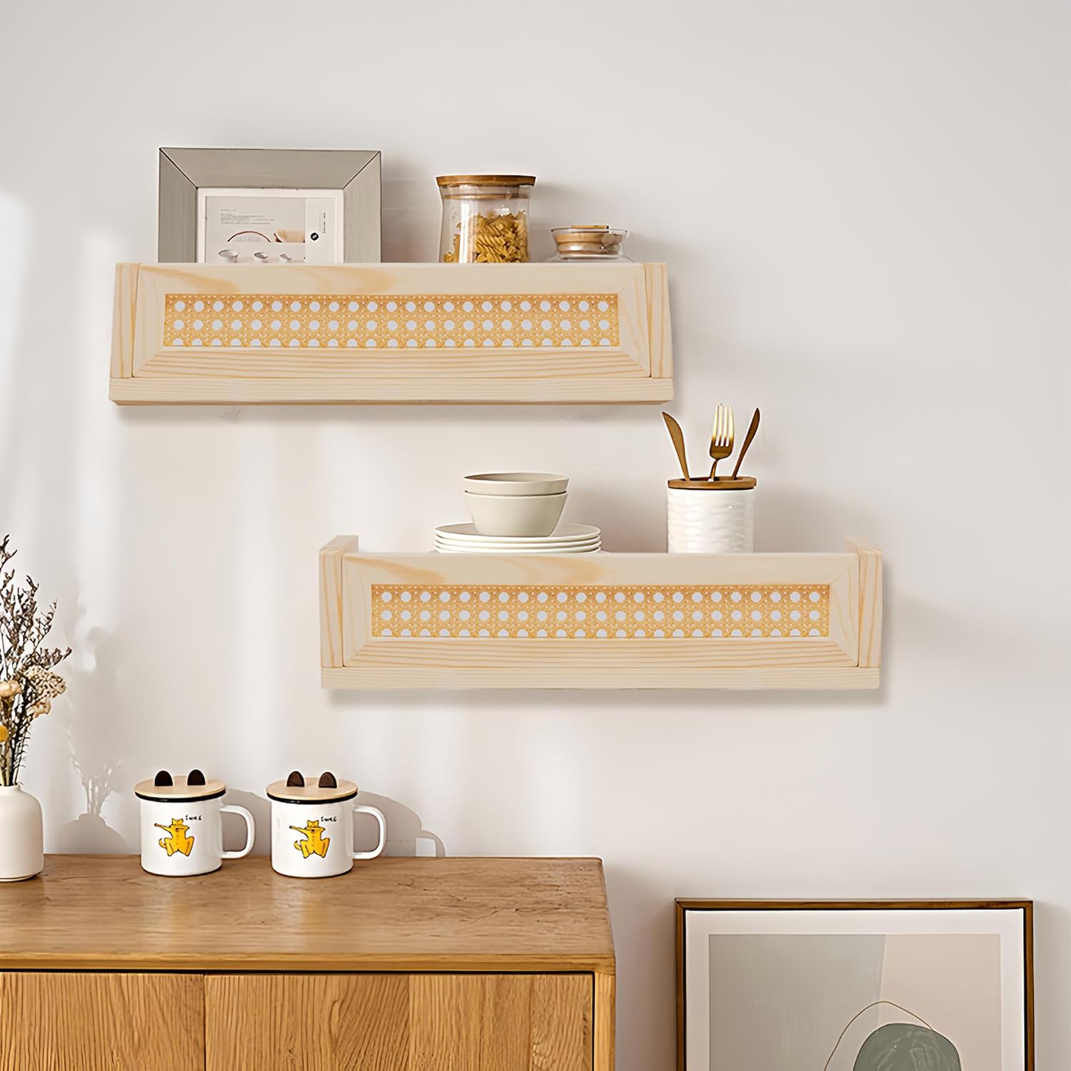 Rattan Wall Shelf Set of 3, Boho Hanging Bookshelves for Nursery a7