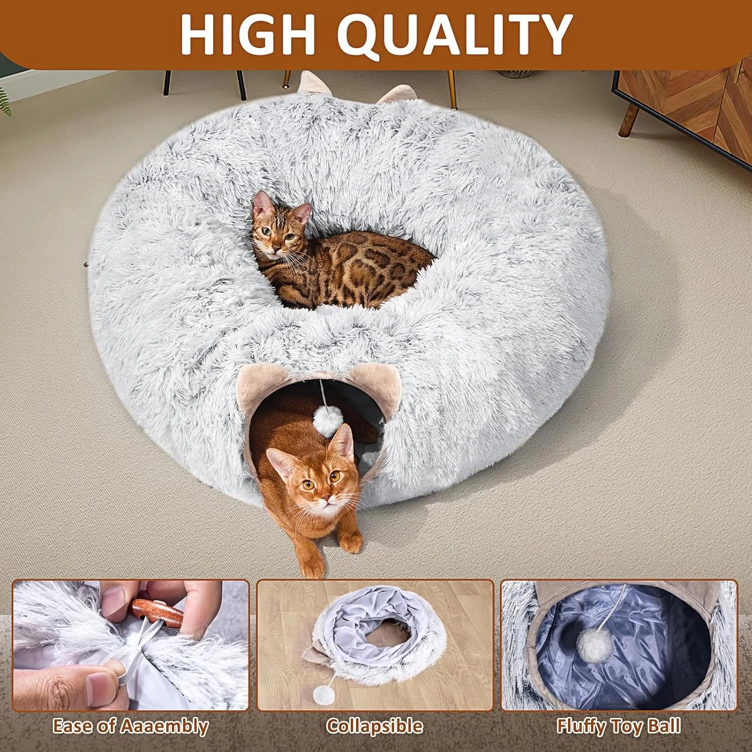 Cat Tunnel with Cat Bed for Indoor Plush Peekaboo Cave Grey k7