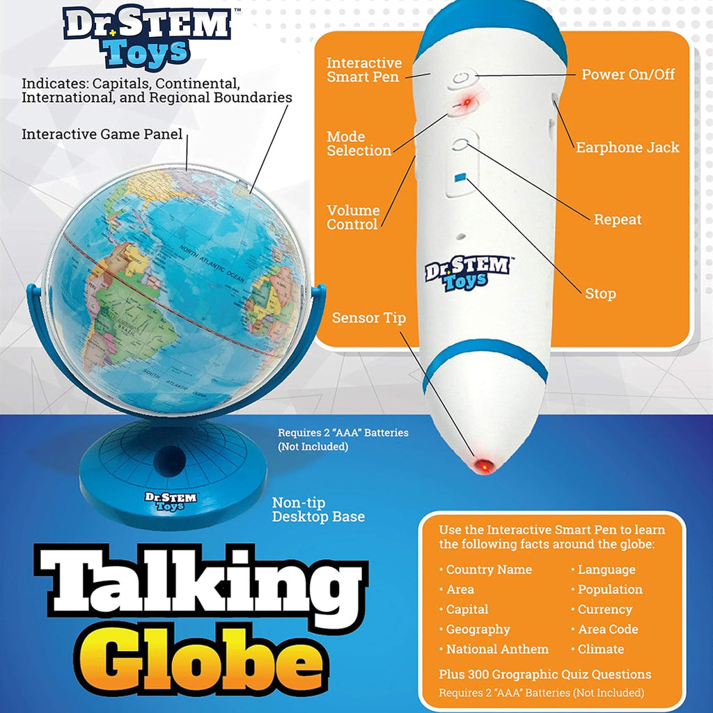 Talking World Globe with Interactive Stylus Pen and Stand, Colorful Map for Early Learning 9 Inches k7